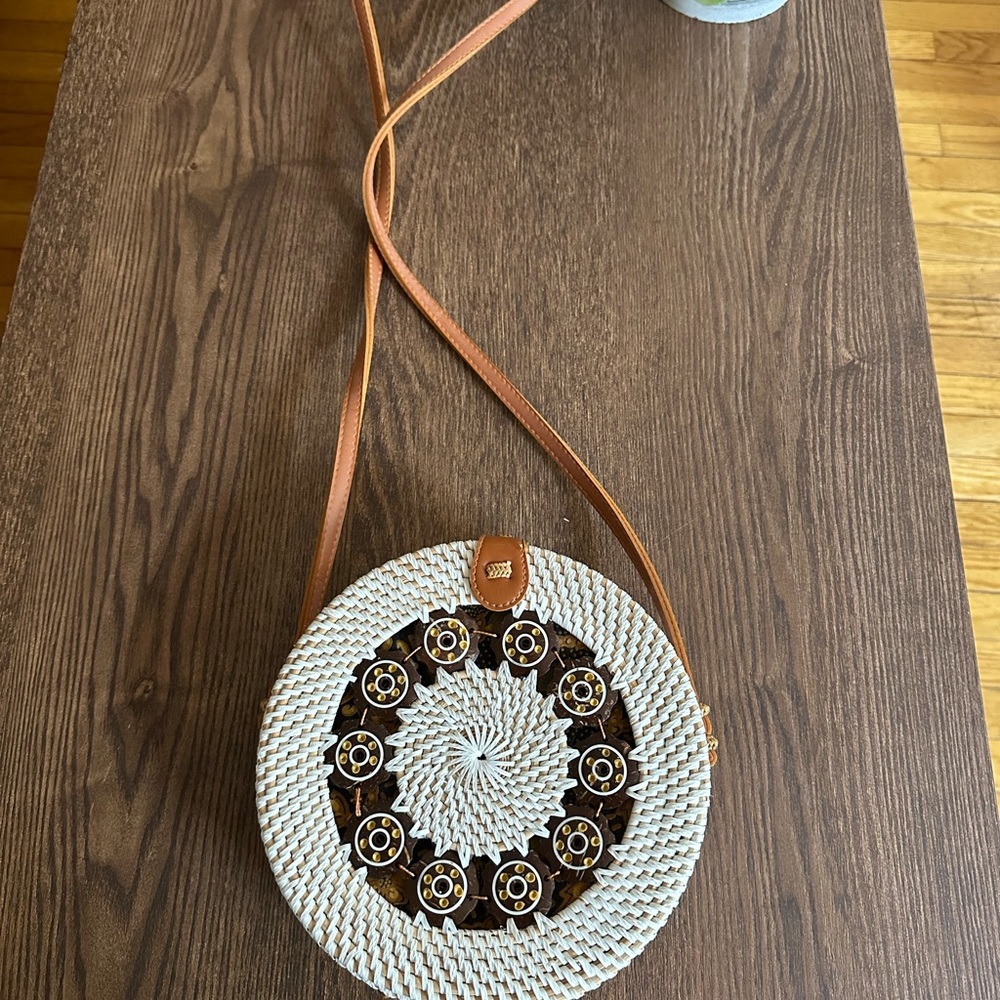 Round Woven Crossbody Bag with Brown Strap